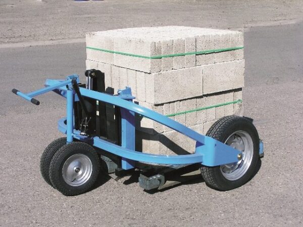 Blue Pallet Truck with bricks on back