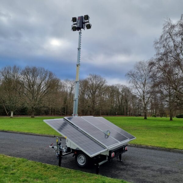 Opened up solar panels on the portable construction tower lighting hire