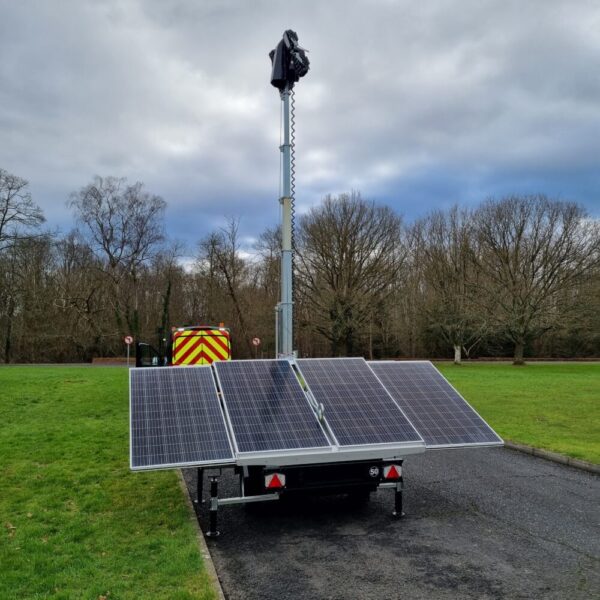 Opened up solar panels on the portable construction tower lighting hire